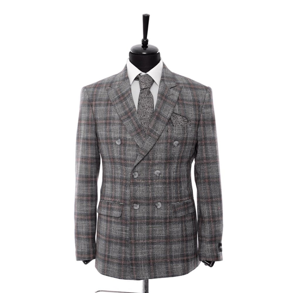 Turkish Import Slim Fit Plaid Double Breast Jacket, Cream/Brown